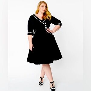 Voodoo Vixen Black Herringbone Swing Dress with White Details -Size 3X